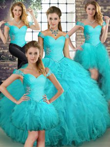 Popular Aqua Blue Sleeveless Tulle Lace Up Sweet 16 Dress for Military Ball and Sweet 16 and Quinceanera
