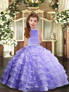 Lavender Organza Backless Little Girls Pageant Dress Wholesale Sleeveless Floor Length Beading and Ruffled Layers