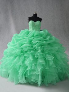 Pretty Apple Green Ball Gowns Beading and Ruffles and Pick Ups Quince Ball Gowns Lace Up Organza Sleeveless Floor Length