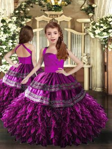 Exquisite Purple Lace Up Straps Appliques and Ruffles Kids Formal Wear Organza Sleeveless