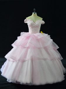 Popular Pink Sleeveless Brush Train Beading and Ruffled Layers Sweet 16 Dresses