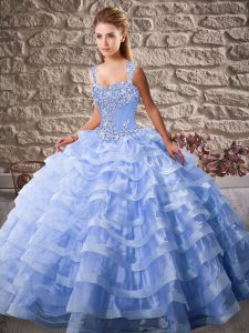 Cheap Sleeveless Beading and Ruffled Layers Lace Up 15th Birthday Dress with Lavender Court Train