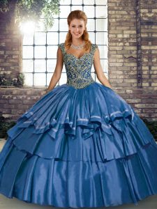 Deluxe Blue Sleeveless Taffeta Lace Up Sweet 16 Quinceanera Dress for Military Ball and Sweet 16 and Quinceanera