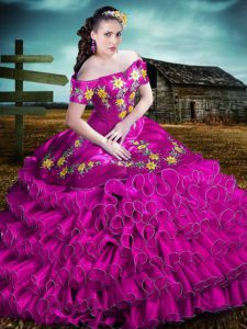 Super Fuchsia Organza Lace Up Off The Shoulder Sleeveless Floor Length Quinceanera Gowns Embroidery and Ruffles