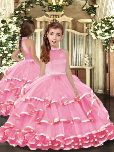 Pink Halter Top Neckline Beading and Ruffled Layers Glitz Pageant Dress Sleeveless Backless