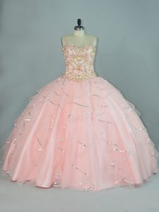 Captivating Peach Ball Gowns Beading and Ruffles Quinceanera Gowns Lace Up Tulle Sleeveless Floor Length