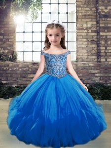 Off The Shoulder Sleeveless Pageant Gowns For Girls Floor Length Beading Blue Tulle