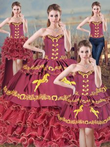 Burgundy Lace Up 15th Birthday Dress Embroidery and Ruffles Sleeveless Brush Train