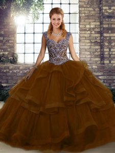 Simple Brown Lace Up Straps Beading and Ruffles Sweet 16 Dresses Tulle Sleeveless