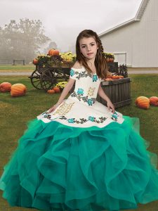 Fancy Embroidery Pageant Dress Toddler Teal Lace Up Sleeveless Floor Length