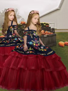 Red Ball Gowns Embroidery and Ruffled Layers Little Girls Pageant Gowns Lace Up Tulle Sleeveless Floor Length