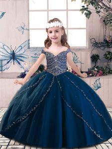Perfect Floor Length Navy Blue Little Girl Pageant Gowns Tulle Sleeveless Beading