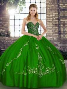 Deluxe Floor Length Lace Up Quinceanera Dress Green for Military Ball and Sweet 16 and Quinceanera with Beading and Embroidery
