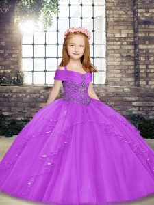 Lilac Straps Neckline Beading Little Girls Pageant Gowns Sleeveless Lace Up