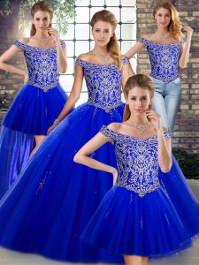Admirable Royal Blue Lace Up 15th Birthday Dress Beading Sleeveless Floor Length