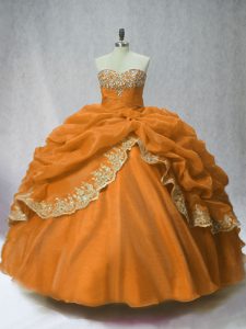 Sweetheart Sleeveless Quinceanera Dresses Floor Length Beading and Appliques and Pick Ups Brown Organza