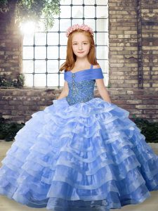 Brush Train Ball Gowns Girls Pageant Dresses Blue Straps Organza Sleeveless Lace Up