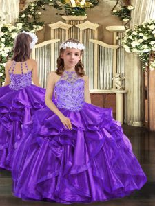 Exquisite Purple Ball Gowns Beading and Ruffles Little Girls Pageant Dress Wholesale Lace Up Organza Sleeveless Floor Length