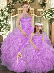 Lilac Lace Up Quinceanera Gowns Beading and Ruffles Sleeveless Floor Length