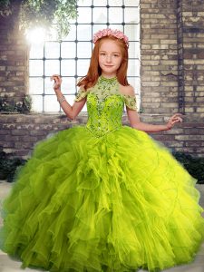 Glamorous Sleeveless Tulle Floor Length Lace Up Little Girl Pageant Gowns in Yellow Green with Beading and Ruffles