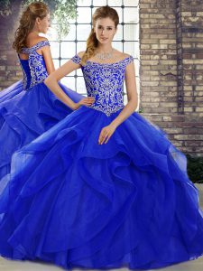 Spectacular Off The Shoulder Sleeveless Brush Train Lace Up Quinceanera Dresses Royal Blue Tulle