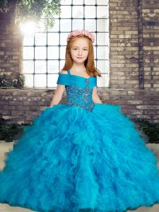 Tulle Straps Sleeveless Lace Up Beading and Ruffles Girls Pageant Dresses in Baby Blue