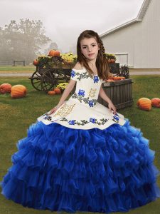 Custom Fit Floor Length Blue High School Pageant Dress Straps Sleeveless Lace Up