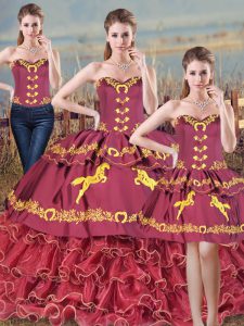 Edgy Burgundy Lace Up Sweetheart Embroidery and Ruffles Vestidos de Quinceanera Organza Sleeveless Brush Train