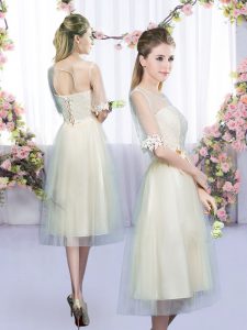 Half Sleeves Tulle Tea Length Lace Up Dama Dress in Champagne with Lace and Bowknot