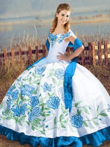 Delicate Blue And White Ball Gowns Embroidery 15 Quinceanera Dress Lace Up Satin Sleeveless Floor Length