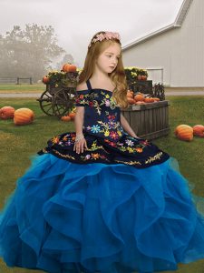 Glittering Floor Length Lace Up Kids Pageant Dress Blue for Party and Wedding Party with Embroidery and Ruffles
