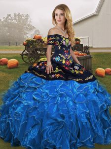 Clearance Blue And Black Lace Up Off The Shoulder Embroidery and Ruffles Ball Gown Prom Dress Organza Sleeveless