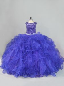Floor Length Blue Quinceanera Gowns Organza Sleeveless Beading and Ruffles