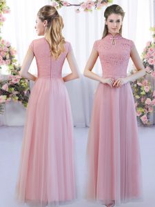 Customized High-neck Cap Sleeves Zipper Quinceanera Court of Honor Dress Pink Tulle
