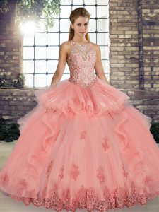 Delicate Floor Length Lace Up Sweet 16 Dresses Watermelon Red for Military Ball and Sweet 16 and Quinceanera with Lace and Embroidery and Ruffles