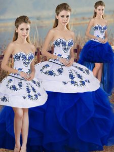 Royal Blue Tulle Lace Up Ball Gown Prom Dress Sleeveless Floor Length Embroidery and Ruffles and Bowknot