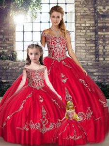 Elegant Red Lace Up Off The Shoulder Beading and Embroidery Sweet 16 Dress Tulle Sleeveless