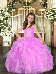Best Floor Length Lace Up Pageant Dress for Teens Lilac for Party and Sweet 16 and Wedding Party with Ruffled Layers
