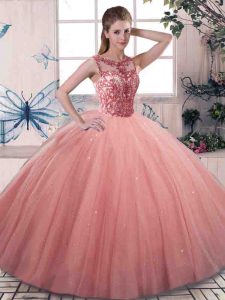 Hot Sale Watermelon Red Quinceanera Gown Military Ball and Sweet 16 and Quinceanera with Beading Scoop Sleeveless Lace Up