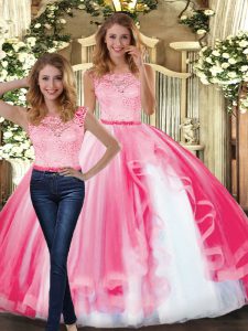 Admirable Hot Pink Sleeveless Lace and Ruffles Floor Length Quinceanera Gown