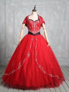 Red Sweetheart Neckline Embroidery Sweet 16 Dress Sleeveless Lace Up