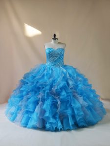 Edgy Baby Blue Lace Up Sweet 16 Quinceanera Dress Beading and Ruffles Sleeveless Floor Length