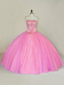 Pink Sweet 16 Quinceanera Dress Sweet 16 and Quinceanera with Beading Strapless Sleeveless Lace Up