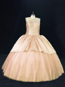 Modest Floor Length Lace Up Quinceanera Dress Peach for Sweet 16 and Quinceanera with Beading