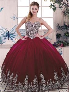 Custom Fit Burgundy Side Zipper Sweetheart Beading and Embroidery 15 Quinceanera Dress Tulle Sleeveless