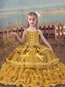 Gold Lace Up Straps Beading and Embroidery and Ruffled Layers Child Pageant Dress Organza Sleeveless
