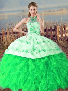 Suitable Green Lace Up Halter Top Embroidery and Ruffles Ball Gown Prom Dress Organza Sleeveless Court Train