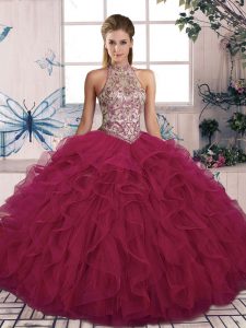 Shining Ball Gowns 15th Birthday Dress Burgundy Halter Top Tulle Sleeveless Floor Length Lace Up