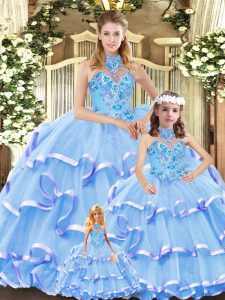 Classical Sleeveless Embroidery and Ruffled Layers Lace Up Sweet 16 Dresses with Blue