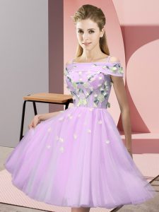 Lilac Short Sleeves Knee Length Appliques Lace Up Damas Dress